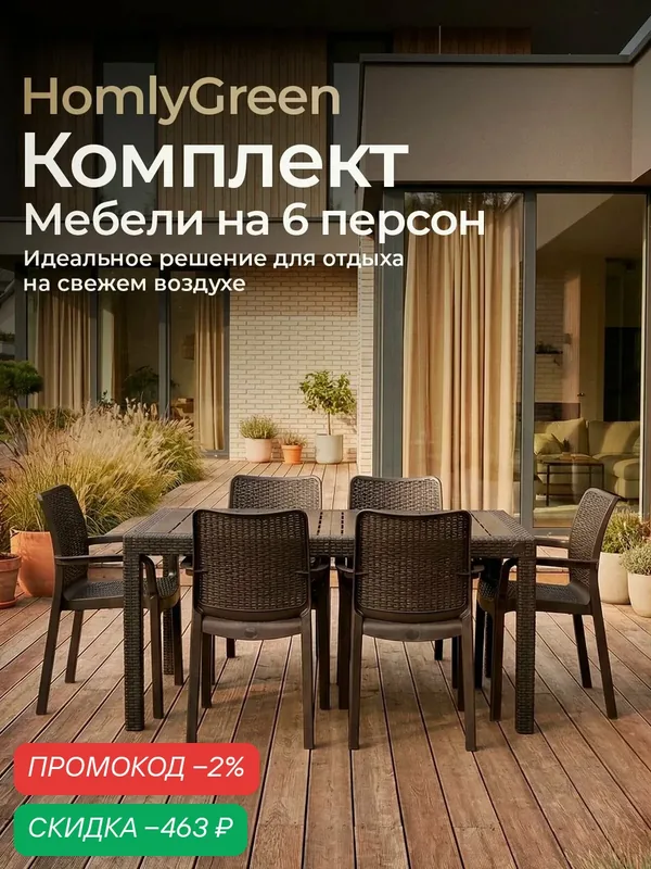 Садовая мебель. Стол большой прямоугольный на 6 персон 153х79, 6 стульев, цвет венге. — HOMLYGREEN, скидка по промокоду Яндекс Маркет
