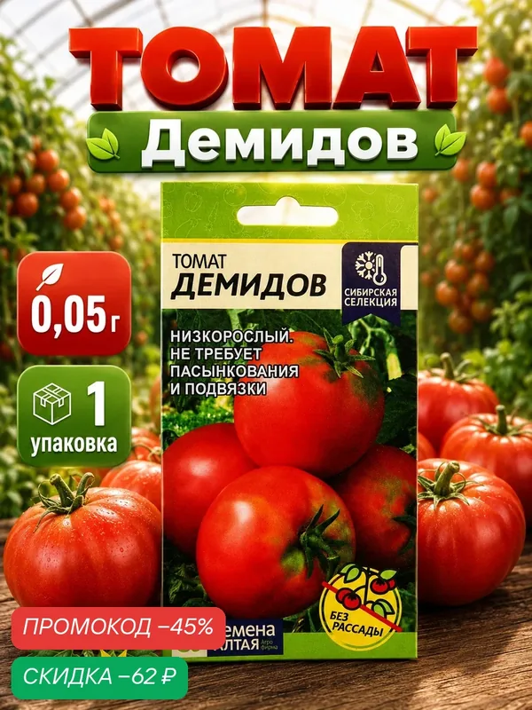 Семена Томат Демидов, детерминантный, низкорослый, Семена Алтая, 0.05 г — Семена Алтая, скидка по промокоду Яндекс Маркет