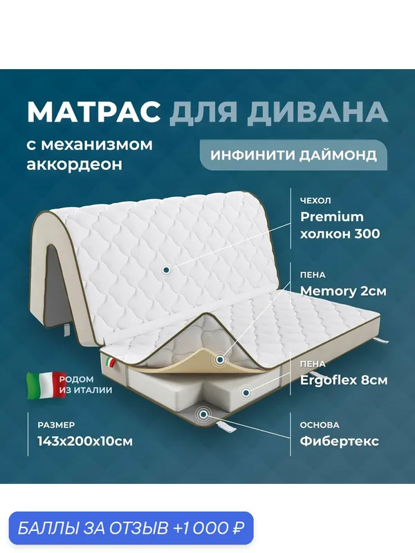 Матрас для дивана аккордеон 143х135х10, 143х65х10 см. (143х200х10), анатомический Инфинити Даймонд, беспружинный — 1 000 баллов за отзыв Яндекс Маркет