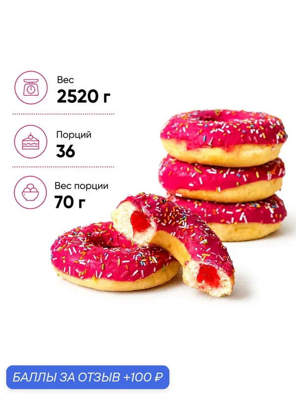 Донат глазированный с клубничной начинкой, 36 шт. по 70 г. (2520 г.) — Dessert Fantasy, 100 баллов за отзыв Яндекс Маркет