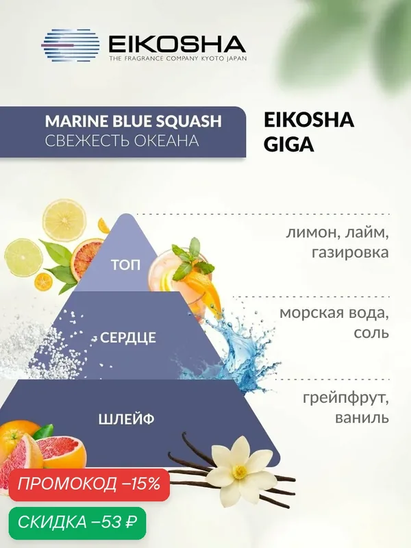 EIKOSHA Запасной элемент для ароматизатора на кондиционер GIGA - MARINE BLUE SQUASH / свежесть океана, автомобильный парфюм, арт. W-91 — Eikosha, скидка по промокоду Яндекс Маркет