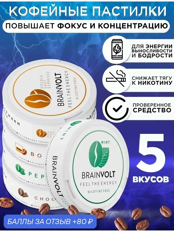 Кофеиновые пастилки энергетик без сахара 5 вкусов — Brainvolt, 80 баллов за отзыв Яндекс Маркет