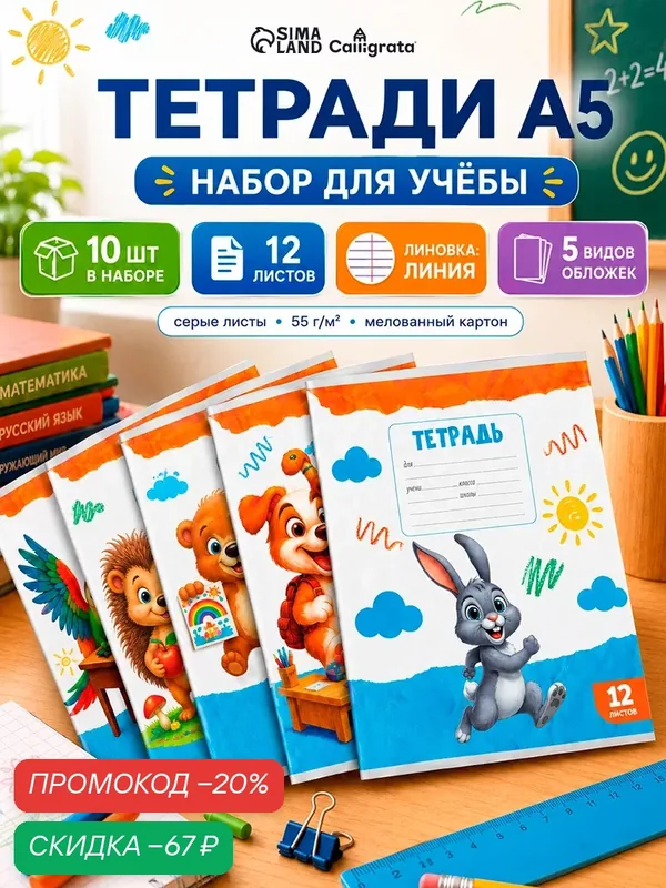 Набор тетрадей из 10 штук 12 листов в линейку Calligrata KIDS, блок №2, 5 видов — Calligrata, скидка по промокоду Яндекс Маркет
