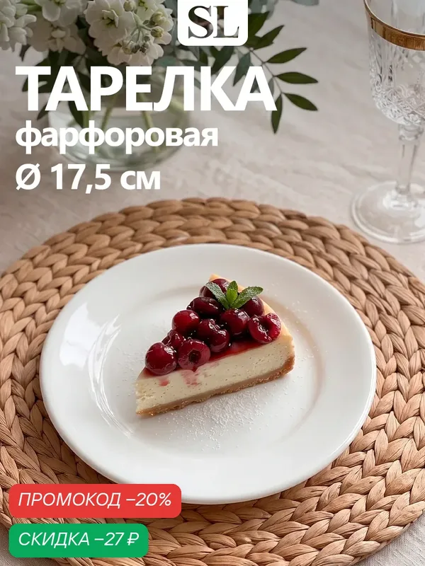 Тарелка десертная Доляна "White Label", d=17.5 см, с утолщённым краем, фарфор, белая — Доляна, скидка по промокоду Яндекс Маркет