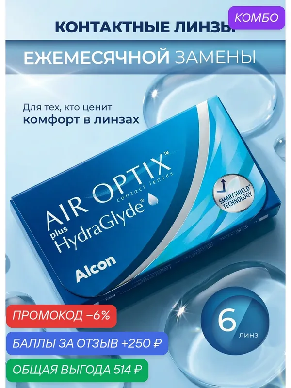 Контактные линзы AIR OPTIX AQUA HYDRAGLYDE 6 линз R 8, 6 — 1, 75 — Alcon, промокод и 250 баллов за отзыв Яндекс Маркет