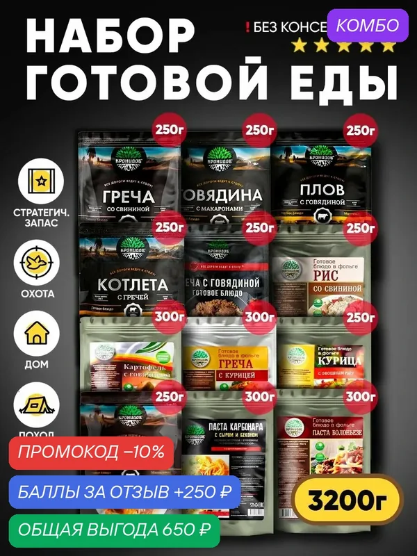 Набор из 12 готовых блюд Кронидов: Плов, Каша, Картофель, Макароны, Паста Готовая еда — Кронидов, промокод и 250 баллов за отзыв Яндекс Маркет