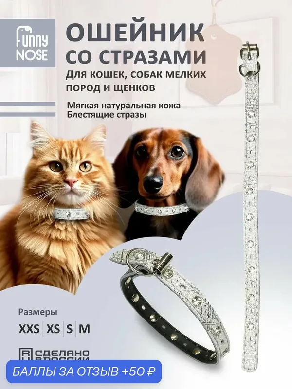 Ошейник кожаный со стразами для кошек, собак мелких пород и щенков — Funny Nose, 50 баллов за отзыв Яндекс Маркет