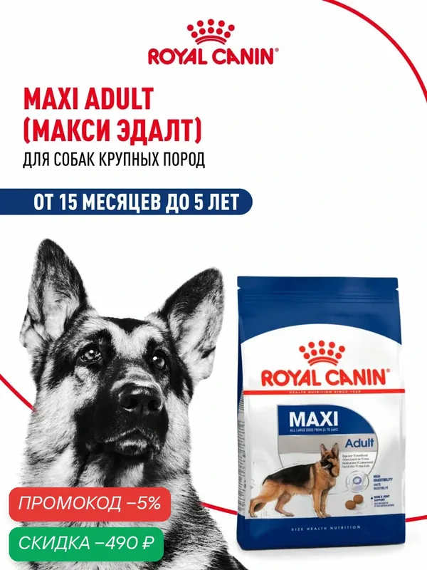 Сухой корм для собак Royal Canin Maxi Adult для крупных пород, 15 кг — Royal Canin, скидка по промокоду Яндекс Маркет