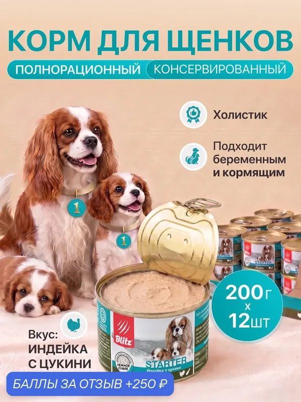 Влажный корм Blitz Holistic, для щенков и кормящих собак, индейка с цукини, суфле, полнорационный, 200 гр/ 12 шт — Blitz, 250 баллов за отзыв Яндекс Маркет