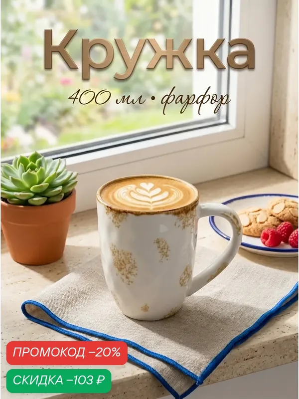 Кружка фарфоровая Доляна "Organic Gold", объем 375 мл, цвет белый — Доляна, скидка по промокоду Яндекс Маркет