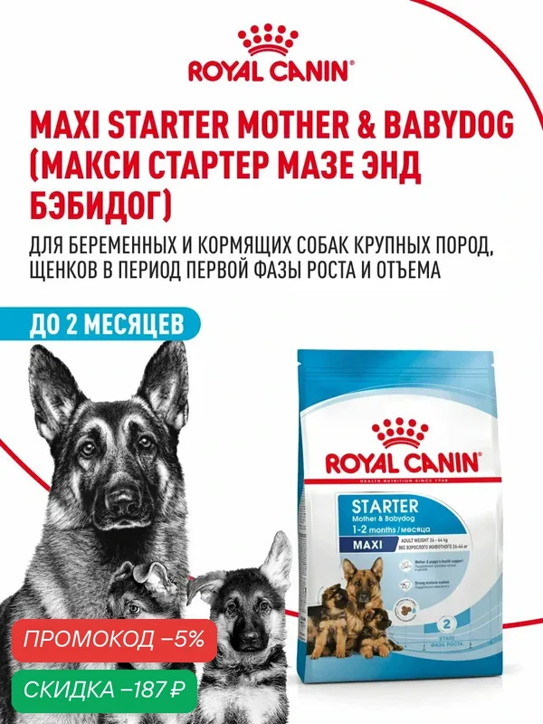Сухой корм для щенков, беременных и кормящих собак Royal Canin Maxi Starter Mother&Babydog для крупных пород, 4 кг — Royal Canin, скидка по промокоду Яндекс Маркет