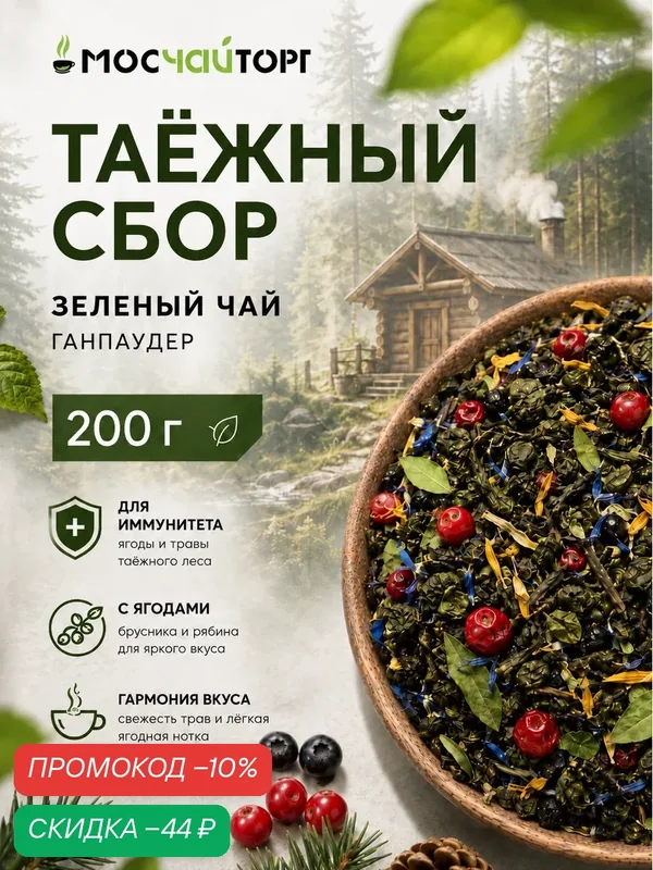 Чай зеленый рассыпной, крупнолистовой травяной Таежный сбор 200г, полезный — Мосчайторг, скидка по промокоду Яндекс Маркет