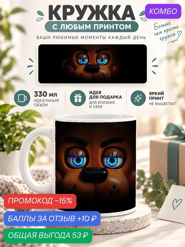 Кружка керамическая MoodRoom 330 мл, глянцевая, для чая и кофе, с принтом — Five Nights at Freddy's Freddy F, MUG330861 — скидка по промокоду Яндекс Маркет