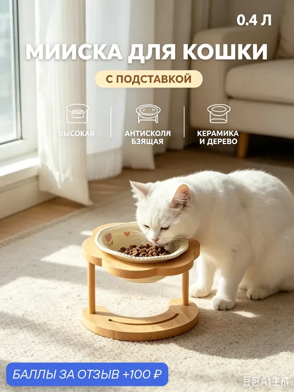 Керамическая миска для кошек с деревянной подставкой, высокая, 28.8×16.8×17.8 см, 1.18 кг — 100 баллов за отзыв Яндекс Маркет
