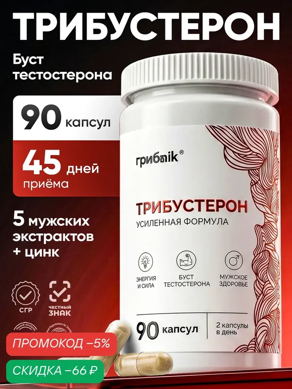 Тестостерон для мужчин, Бустер тестостерона, экдистерон, 90 капсул, грибnik — грибNik, скидка по промокоду Яндекс Маркет