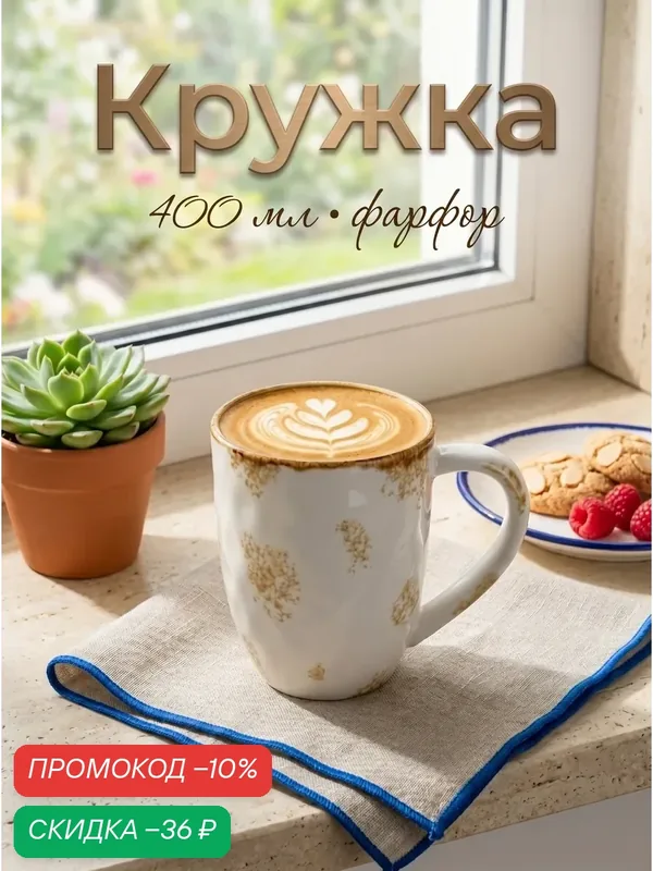 Кружка фарфоровая Доляна "Organic Gold", объем 375 мл, цвет белый — Доляна, скидка по промокоду Яндекс Маркет