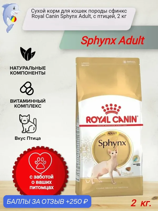 Royal Canin (Роял Канин) Sphynx Adult Корм сухой сбалансированный для взрослых кошек породы Сфинкс от 12 месяцев, 2 кг — Royal Canin, 250 баллов за отзыв Яндекс Маркет