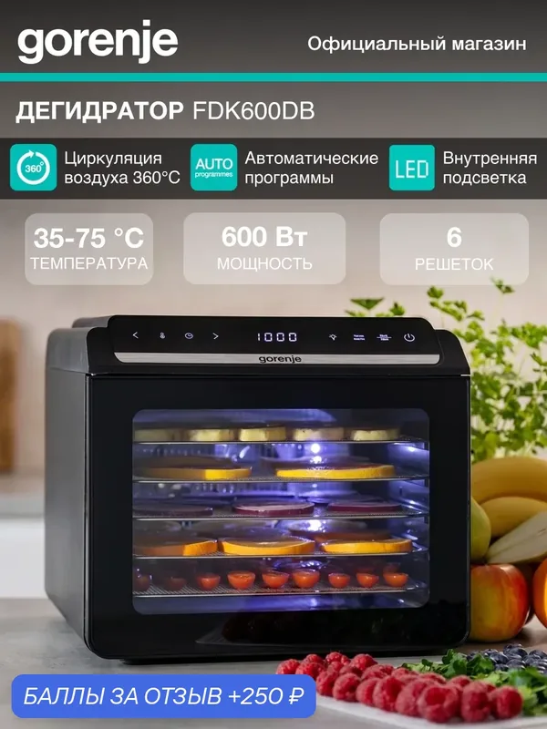 Сушилка (дегидратор) для фруктов, овощей и мяса Gorenje FDK600DB электрическая, мощность 580 вт, поддонов: 6 шт, черная — Gorenje, 250 баллов за отзыв Яндекс Маркет