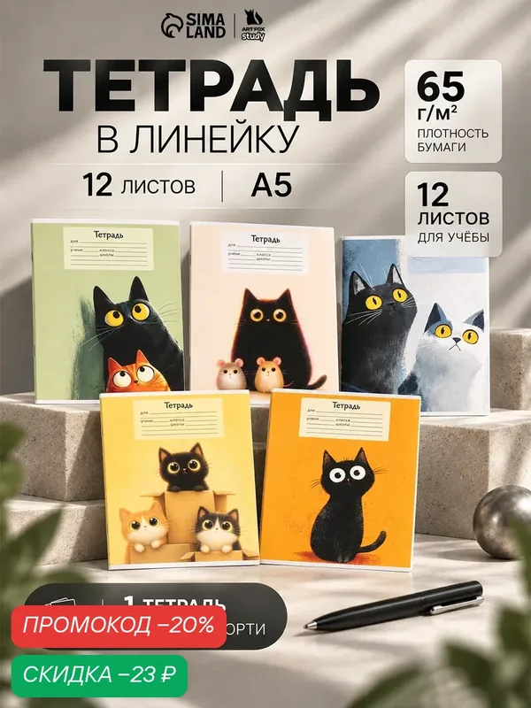 Тетрадь 12 листов в линейку, А5, на скрепке, блок №1 «Коты», микс — ArtFox, скидка по промокоду Яндекс Маркет