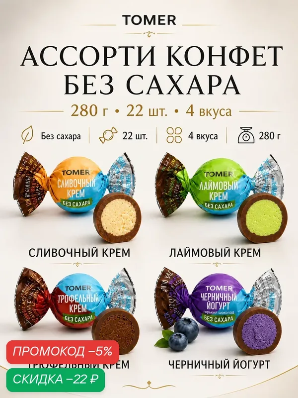 Конфеты ассорти Tomer без сахара, 280 г, шоколадные с начинкой, 4 вкуса — Томер, скидка по промокоду Яндекс Маркет