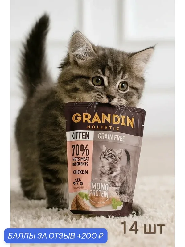 Влажный корм Grandin Holistic, для котят, курица, гипоаллергенный, 85 г, 14 шт — Grandin, 200 баллов за отзыв Яндекс Маркет