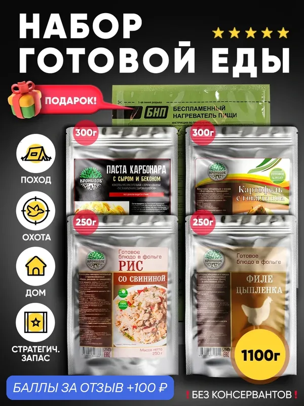 Набор из 4 готовых блюд Кронидов: Картофель с говядиной/Паста Карбонара/Рис со свининой/Филе цыпленка в собственном соку + Подарок БНП 1 шт. — Кронидов, 100 баллов за отзыв Яндекс Маркет