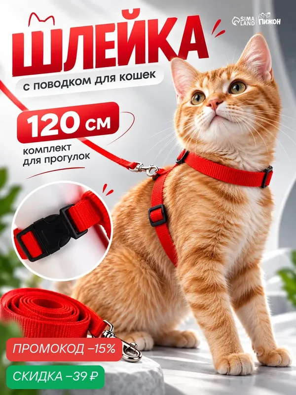 Комплект для кошек, ширина 1, 5 см, ОШ 16, 5-27 см, ОГ 21-35 см, поводок 120 см, красный — ПИЖОН, скидка по промокоду Яндекс Маркет