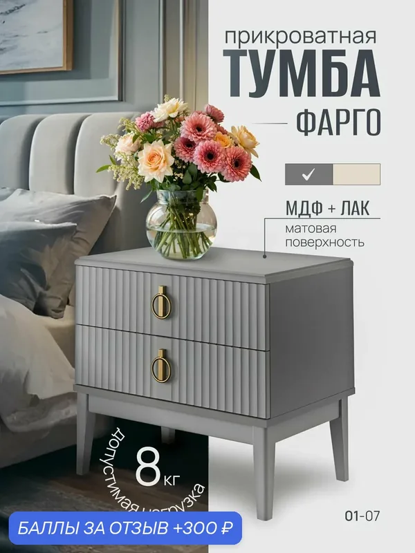 Тумба прикроватная на ножках Фарго, Антрацит, 2 ящика, с рифленым фасадом из МДФ, дизайнерская современная — Bravo Мебель, 300 баллов за отзыв Яндекс Маркет