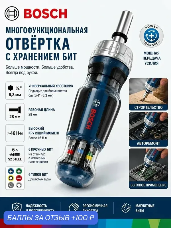 BOSCH 1600A039PW Набор трещоточных отверток 6 в 1, короткие, CR-V, высокий крутящий момент, сильный магнит — BOSCH, 100 баллов за отзыв Яндекс Маркет