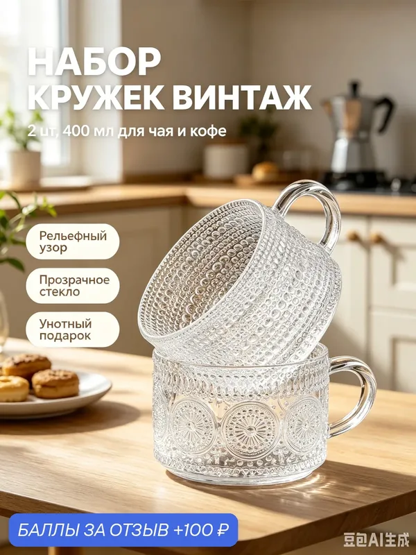 Стеклянные кружки Винтаж для чая и кофе, набор 2 шт, 400 мл, рельефные стаканы с ручкой — InMyPlate, 100 баллов за отзыв Яндекс Маркет
