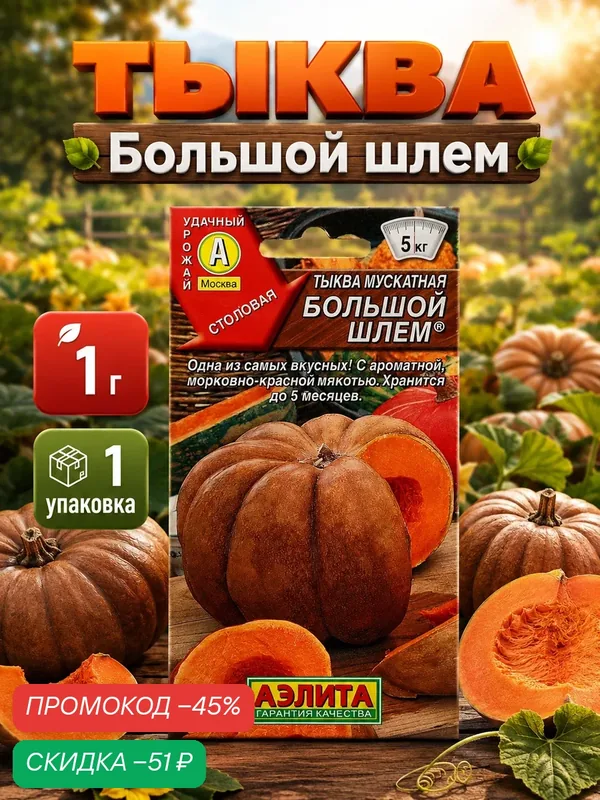 Семена Тыква мускатная Большой шлем, столовая, 1 г, «Агрофирма аэлита» — Агрофирма АЭЛИТА, скидка по промокоду Яндекс Маркет