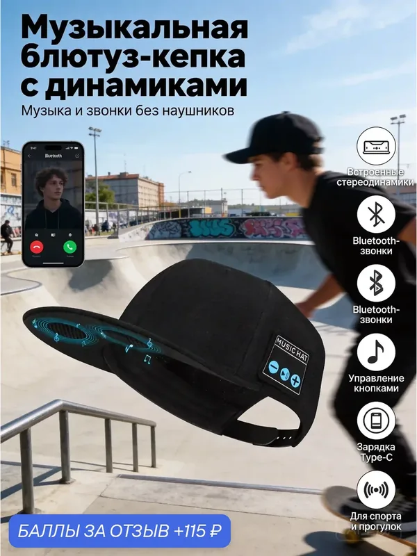 Музыкальная шапочка GDLYL, черная, беспроводная, bluetooth, солнечная батарея — 115 баллов за отзыв Яндекс Маркет