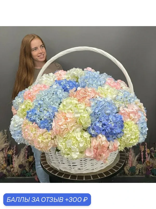 Корзина XXL из 51 гортензии Колумбия, диаметр 1 метр — 300 баллов за отзыв Яндекс Маркет