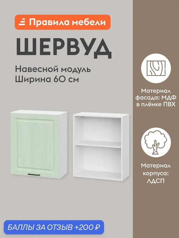 Кухонный модуль навесной, шкаф Шервуд с доводчиками, с полками, 60х29.6х72 см, Белый / Шато мята — Правила мебели, 200 баллов за отзыв Яндекс Маркет