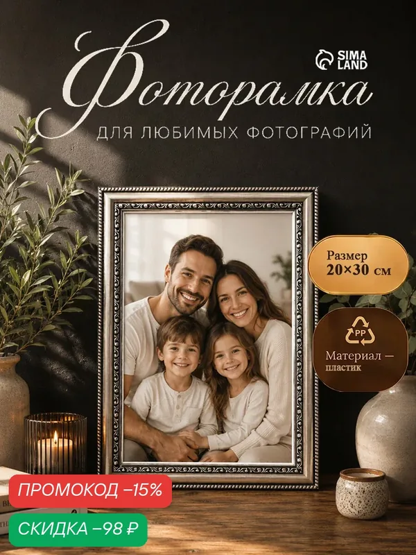 Фоторамка пластик "мирам" 20х30 см серебро (пластиковый экран) — скидка по промокоду Яндекс Маркет