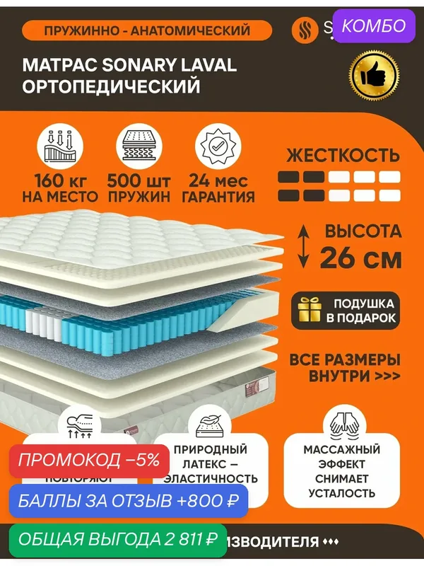Матрас Sonary Laval 75х185 серии Zone высота 26 см анатомический средней жесткости латексный Независимые пружины — SONARY, промокод и 800 баллов за отзыв Яндекс Маркет