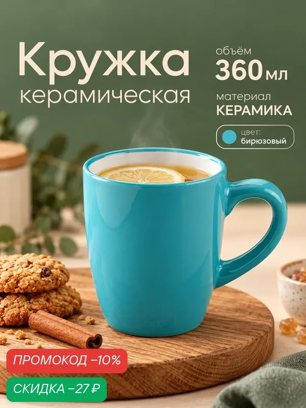 Кружка для чая и кофе керамическая Доляна «Дымка», 360 мл, цвет бирюзовый — Доляна, скидка по промокоду Яндекс Маркет