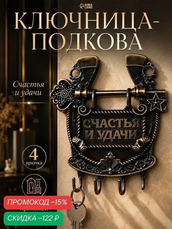 Ключница "Счастья и удачи", 11 х 12, 5 см, настенная, подкова, металлическая — Сима-ленд, скидка по промокоду Яндекс Маркет