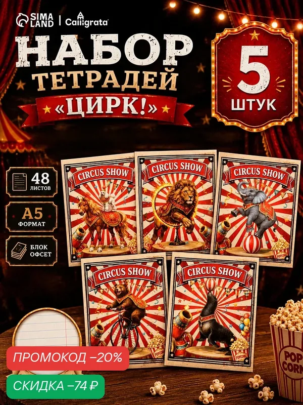 Набор тетрадей из 5 штук, 48 листов в линейку Calligrata «Цирк!», блок офсет, 5 видов — Calligrata, скидка по промокоду Яндекс Маркет