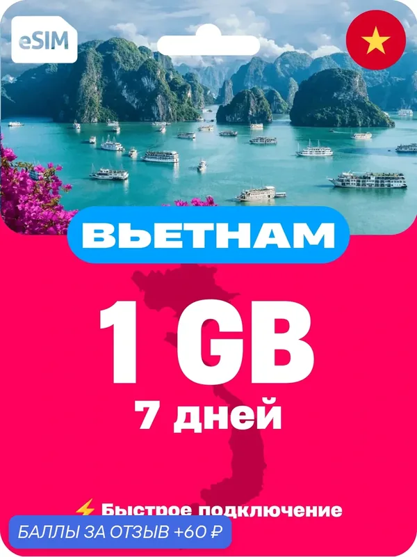 ESIM Вьетнам 1 ГБ на 7 дней — интернет без роуминга, виртуальная SIM-карта для телефона и планшета, 5G/4G/3G — 60 баллов за отзыв Яндекс Маркет
