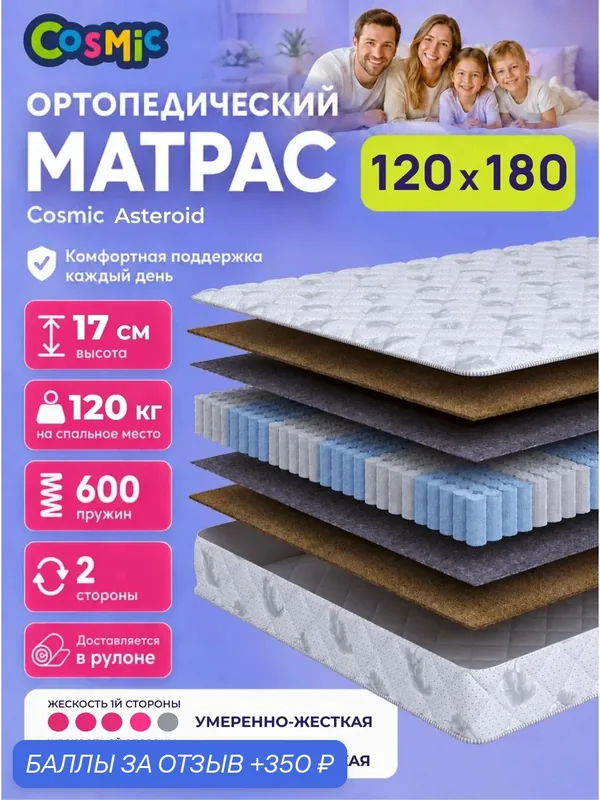 Матрас Cosmic Asteroid 120x180 см, пружинный, умеренно-жесткий, высота 17 см, анатомическая поддержка — Cosmic, скидка по промокоду Яндекс Маркет