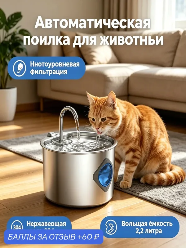 Автоматическая поилка для кошек собак нержавеющая сталь фильтрация объем 2, 2 л для дома — 60 баллов за отзыв Яндекс Маркет