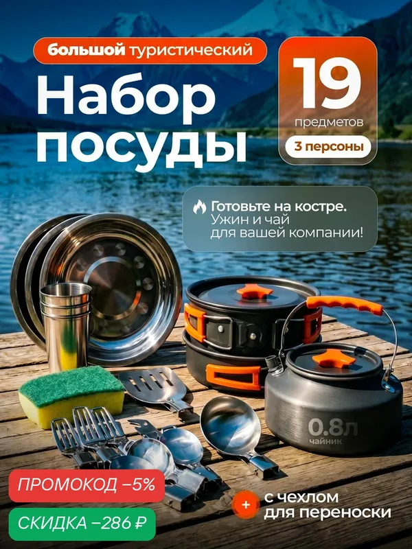 Набор посуды туристический, для пикника — скидка по промокоду Яндекс Маркет