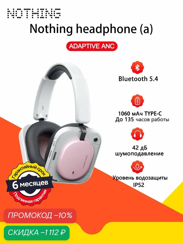 Nothing Наушники с микрофоном Nothing Headphone (a), Bluetooth, USB Type-C, светло-розовый — NOTHING, скидка по промокоду Яндекс Маркет