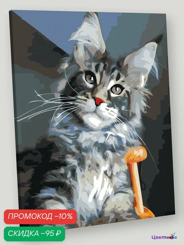 Картина по номерам на холсте с подрамником "Коты и кошки: серый котик мейн-кун" Раскраска 40x50 см, Животные Детские — Цветное, скидка по промокоду Яндекс Маркет