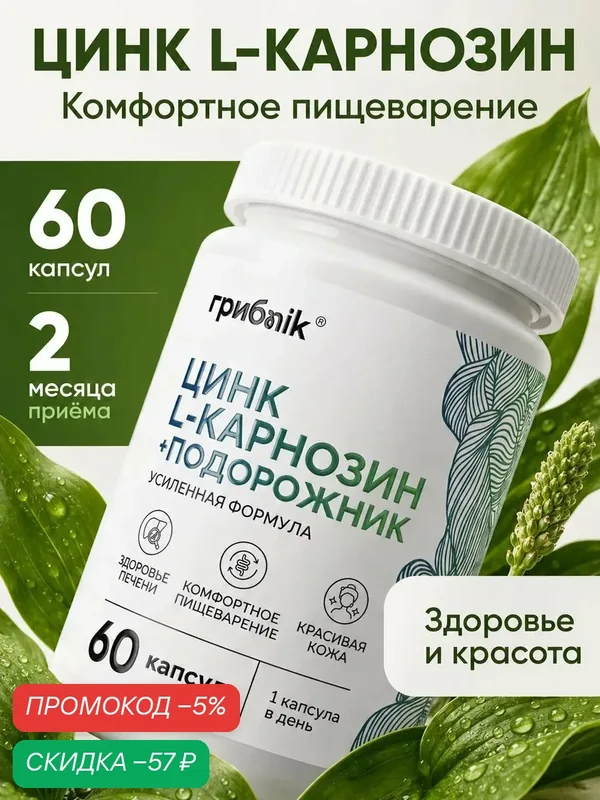 Цинк Карнозин ( Цинк L-карнозин Гастро ) + подорожник экстракт, 60 капсул, грибnik — грибNik, скидка по промокоду Яндекс Маркет