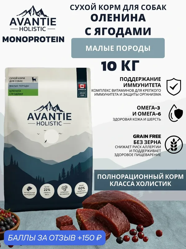 Avantie Holistic Monoprotein Сухой корм для собак мелких пород, Оленина с ягодами 10 кг — AVANTIE, 150 баллов за отзыв Яндекс Маркет