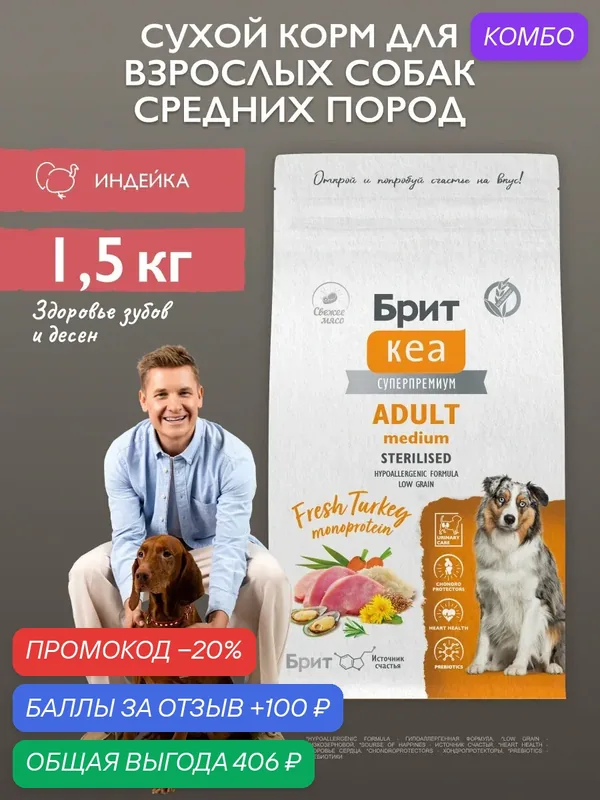 Сухой корм для взрослых собак средних пород супер-премиум с индейкой 1, 5 кг Брит Кеа — Брит, скидка по промокоду Яндекс Маркет