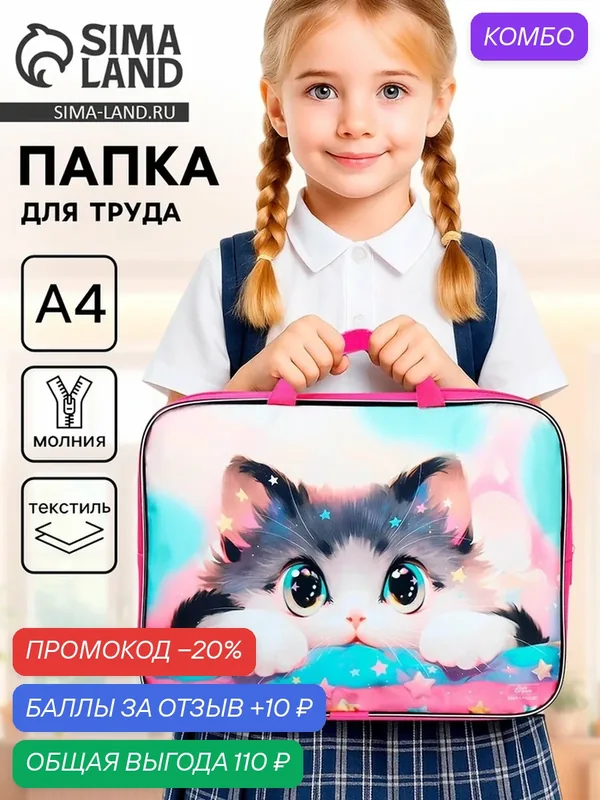 Папка с ручками текстильная А4, 350 х 270 х 70 мм, Calligrata "Котик корея" — Calligrata, скидка по промокоду Яндекс Маркет
