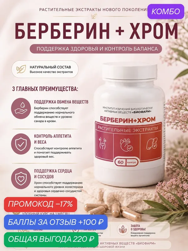 БАД Берберин +Хром 60 капсул . Для похудения. Натуральный состав — ИНСТИТУТ ИЗУЧЕНИЯ БИОЛОГИЧЕСКИ АКТИВНЫХ ВЕЩЕСТВ БИОФАРМ, скидка по промокоду Яндекс Маркет